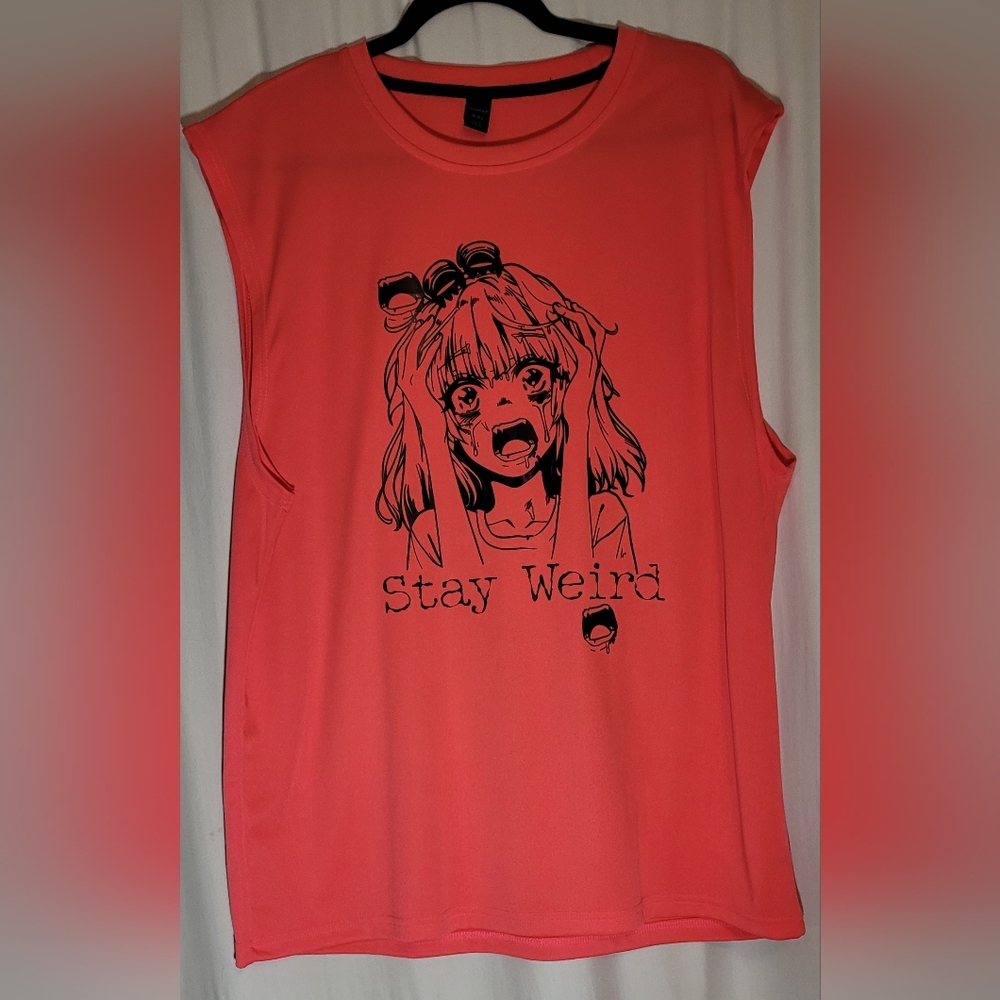 Romwe Stay Weird Neon Pink XXL Graphic Muscle Tee